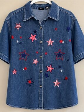 CO Women's Denim Button-Up Shirt with Red & Navy Star Appliqués